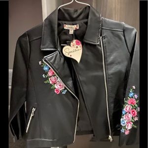 Girls floral embroidered black faux leather jacket L NEW